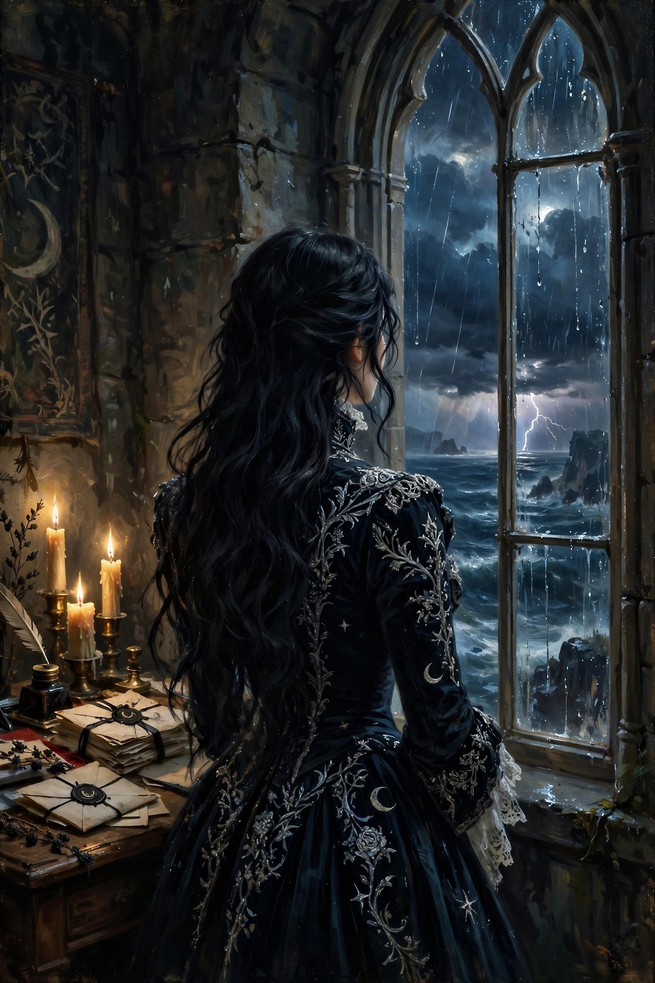Morgana Voss gazing from the tower-room window at an approaching storm
