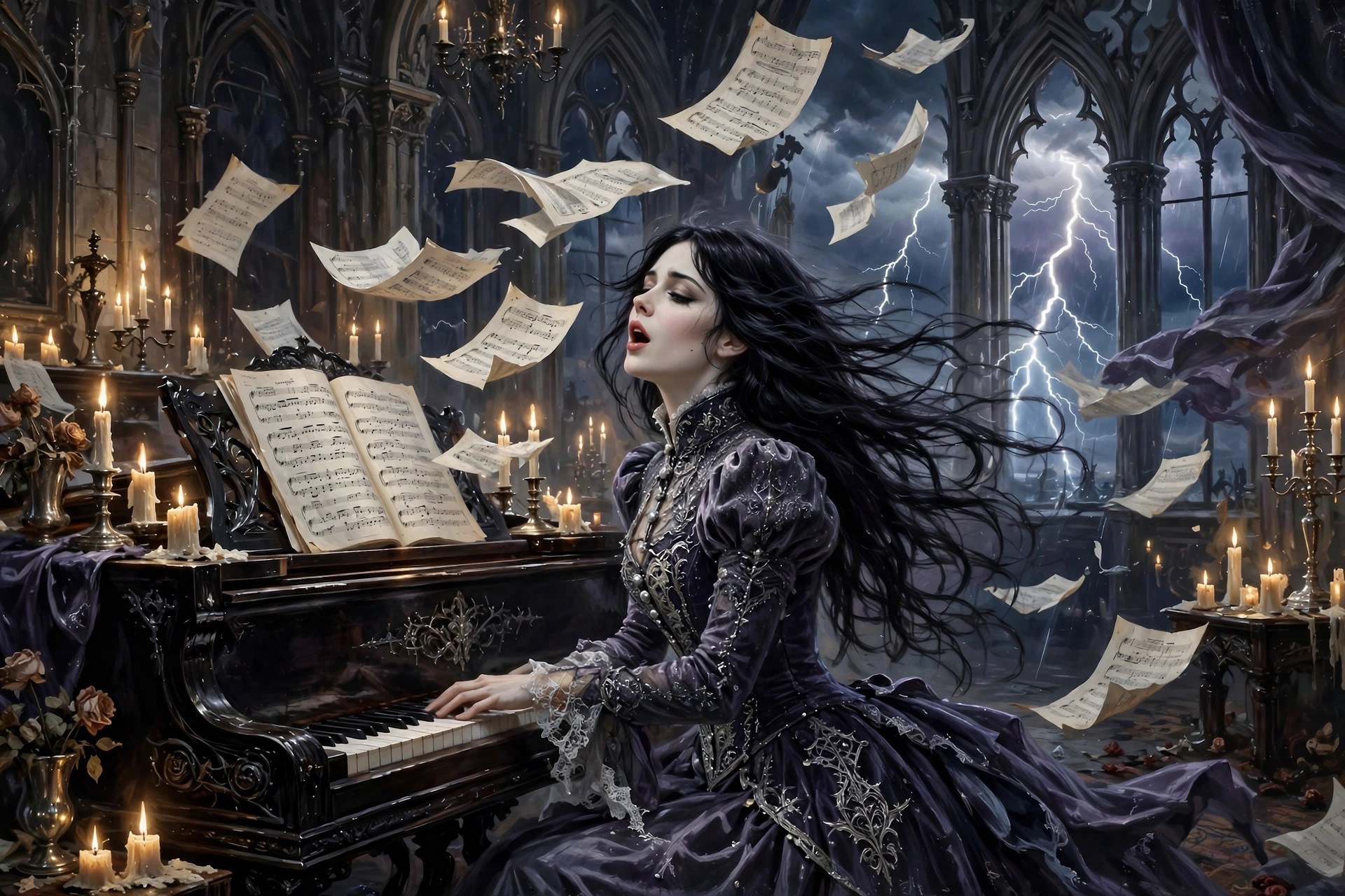A woman singing at a grand piano in a candlelit hall while lightning lights the windows