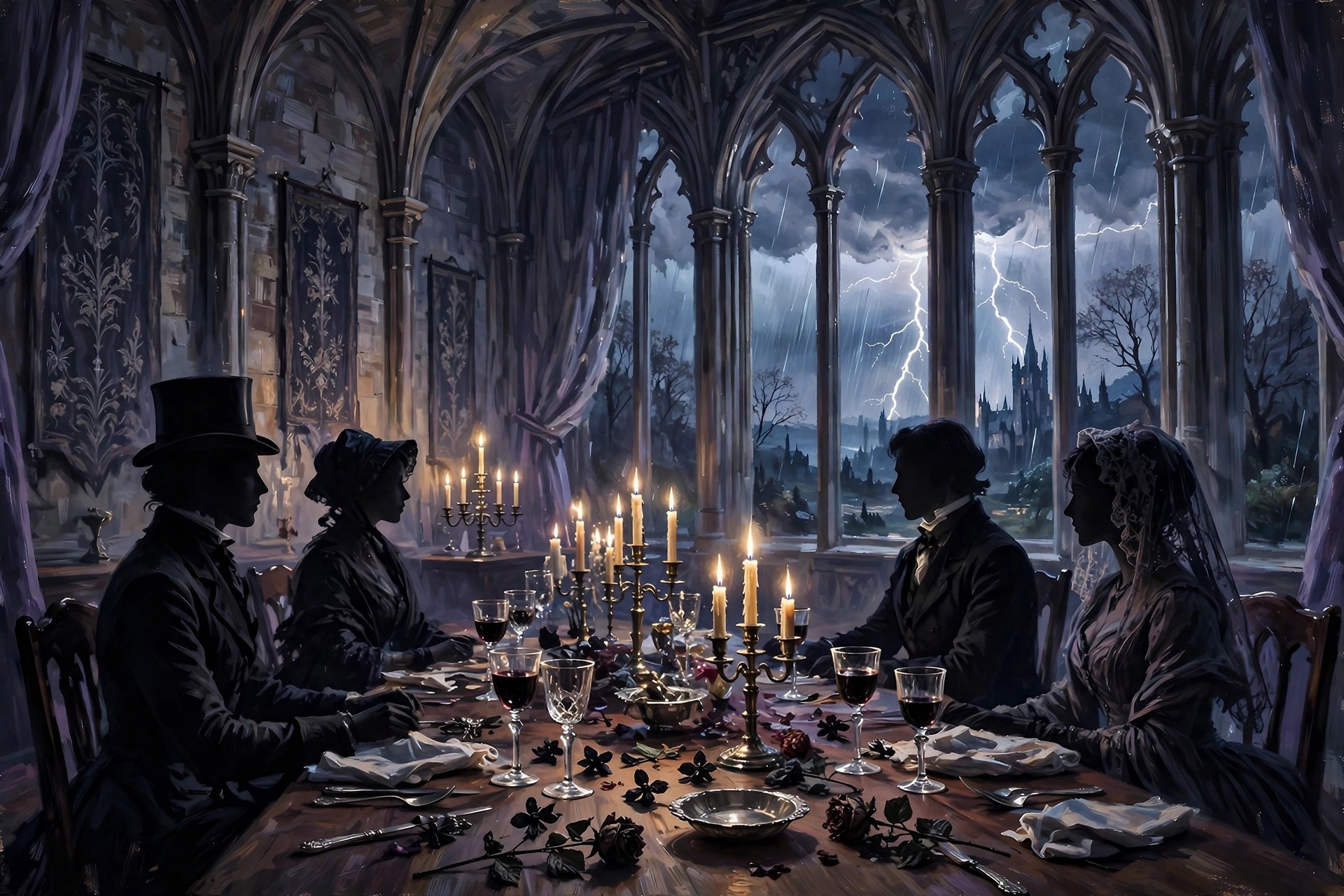 Four silhouetted figures around a candlelit table in a manor hall during a storm