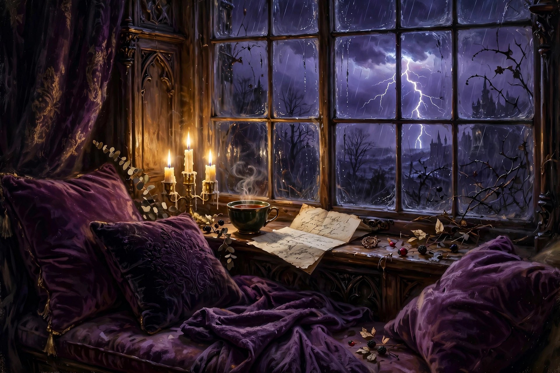 A cozy window seat with tea and an open letter, thunderstorm visible through rain-streaked glass