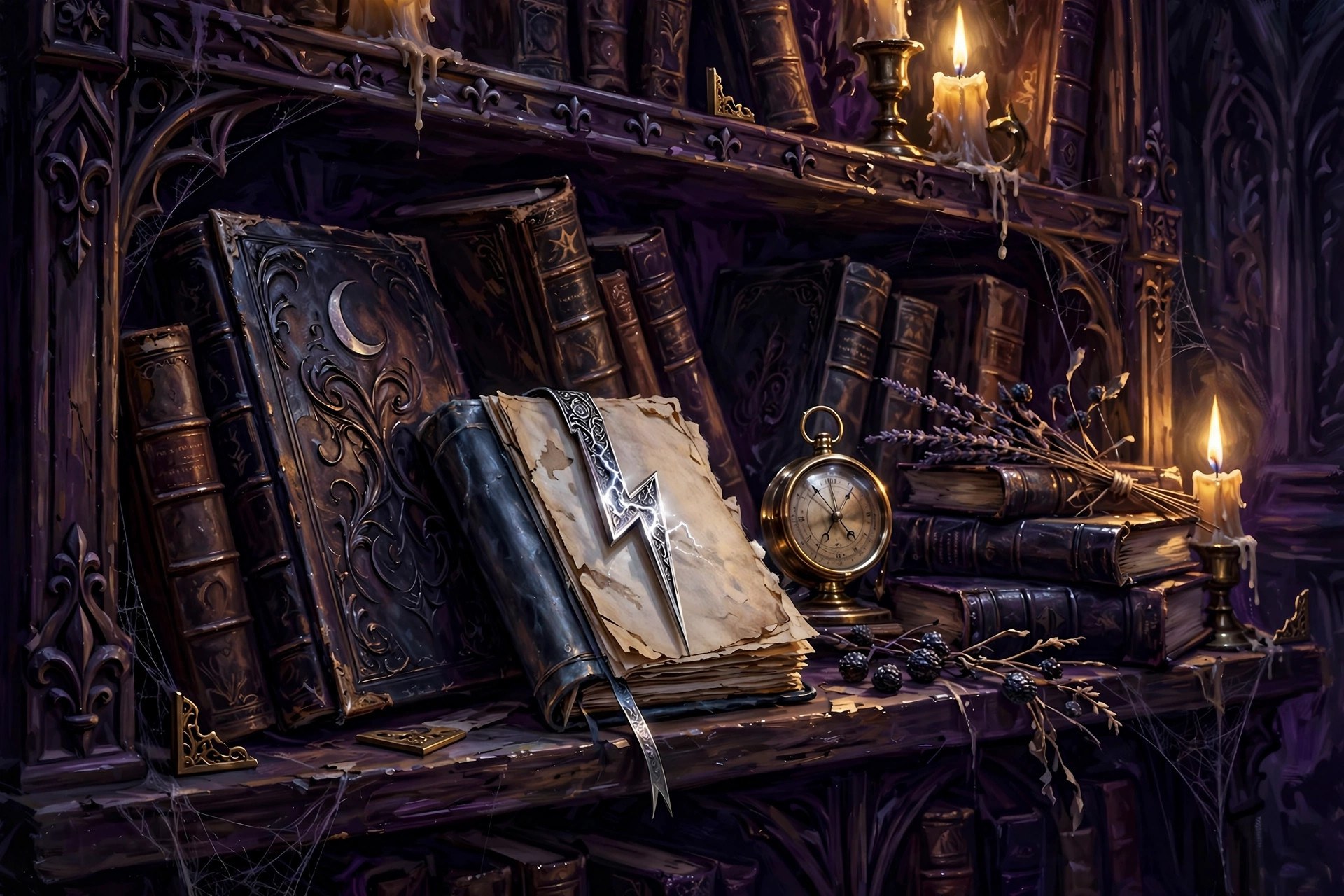 A gothic library shelf with a storm journal, grimoires, and a silver lightning-bolt bookmark