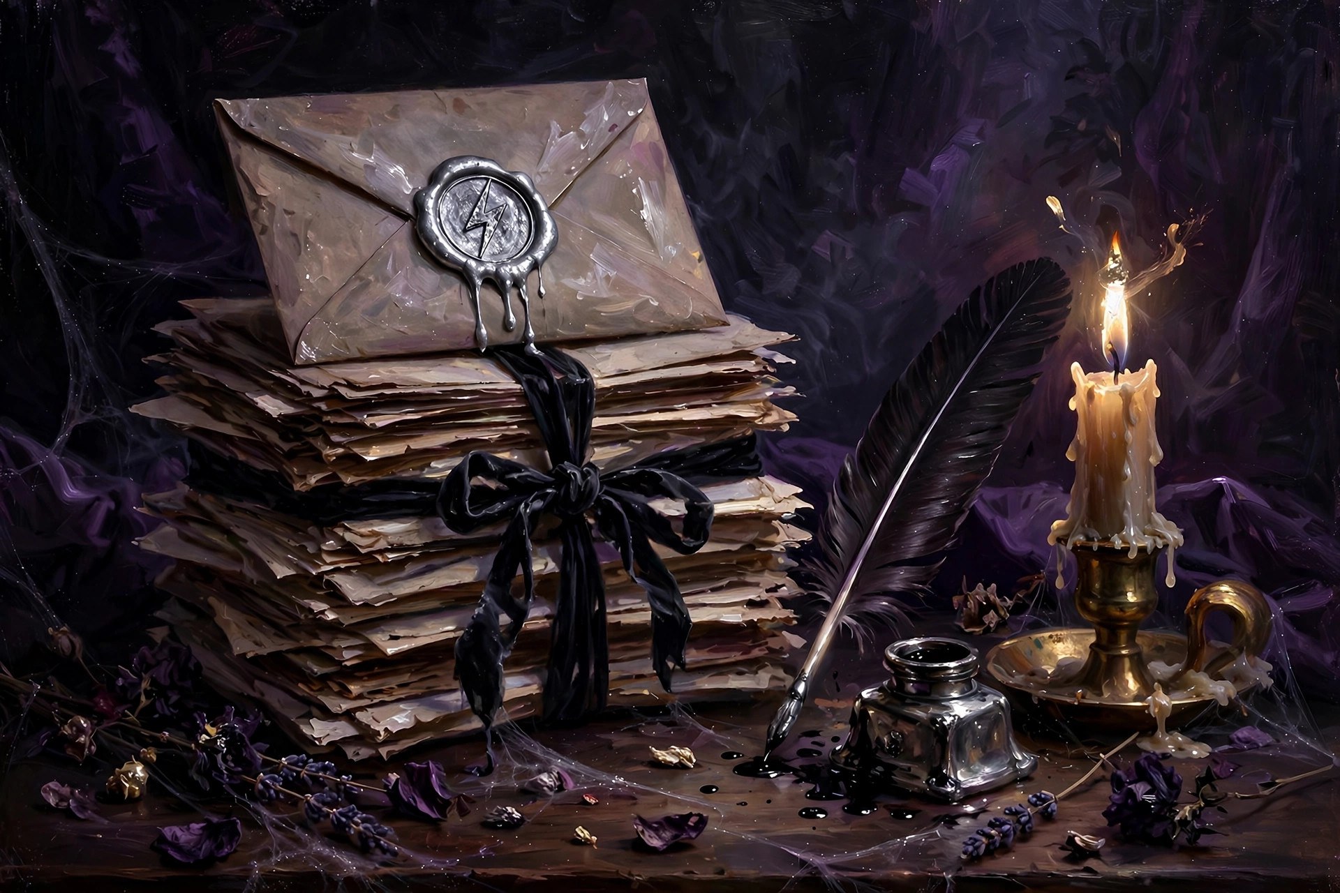 A stack of sealed letters tied with black ribbon, a lightning-bolt wax seal foremost