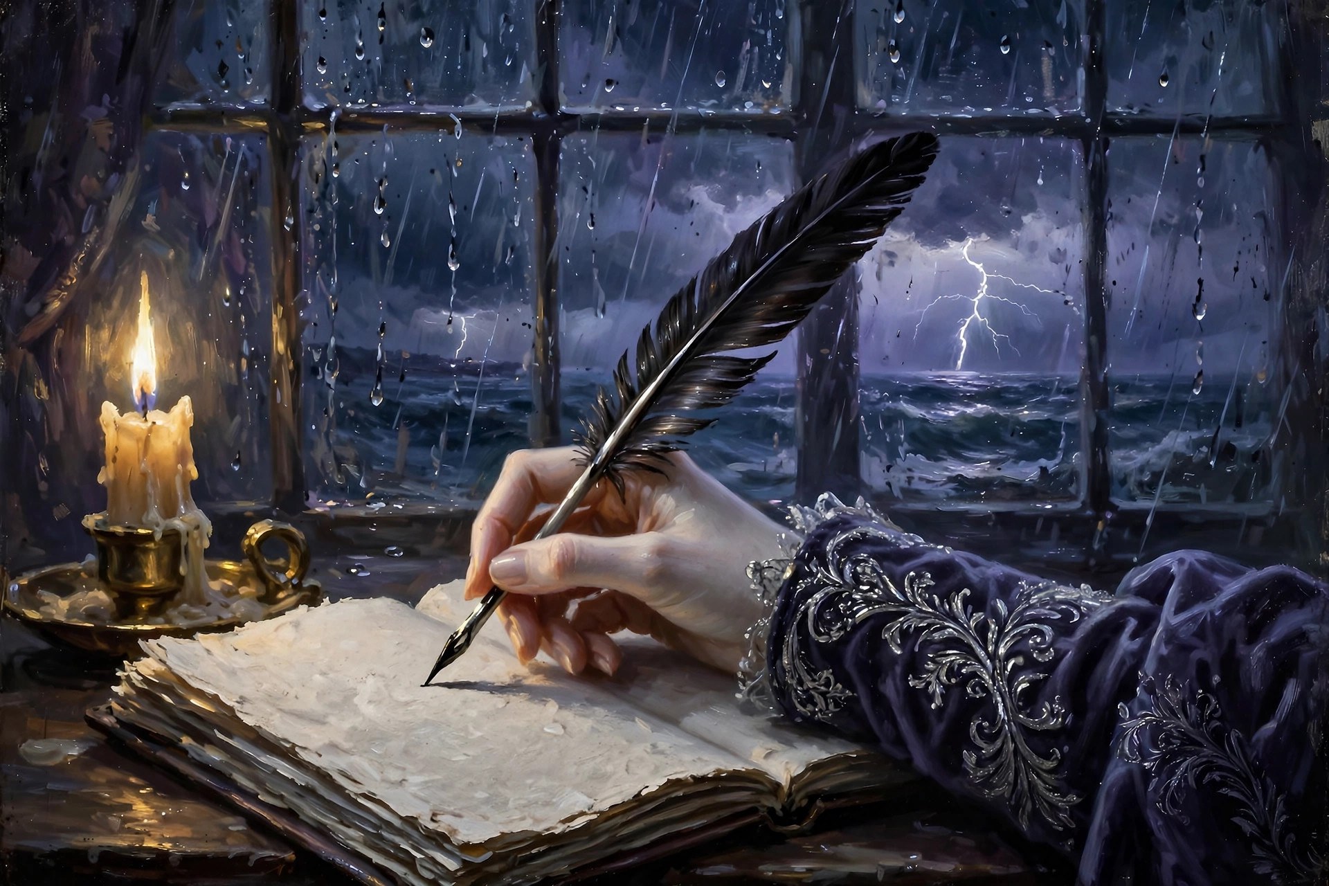 A woman's hand writing with a quill by candlelight while lightning flashes through a rain-streaked window