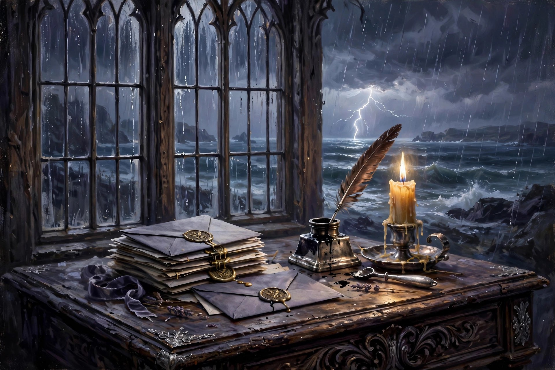 A writing desk with sealed letters, a quill, and candlelight, rain streaming down a tall window behind