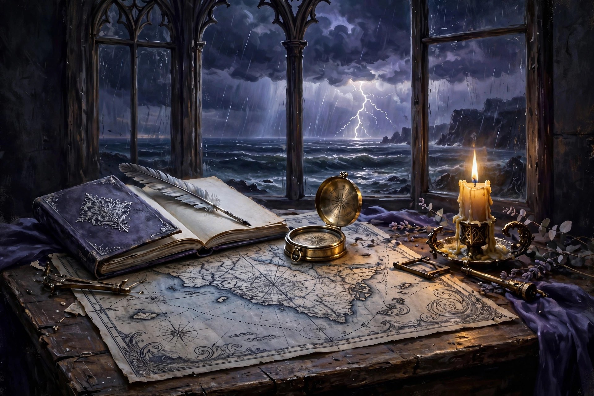 A quill and compass on a map table with a storm visible through a tall window