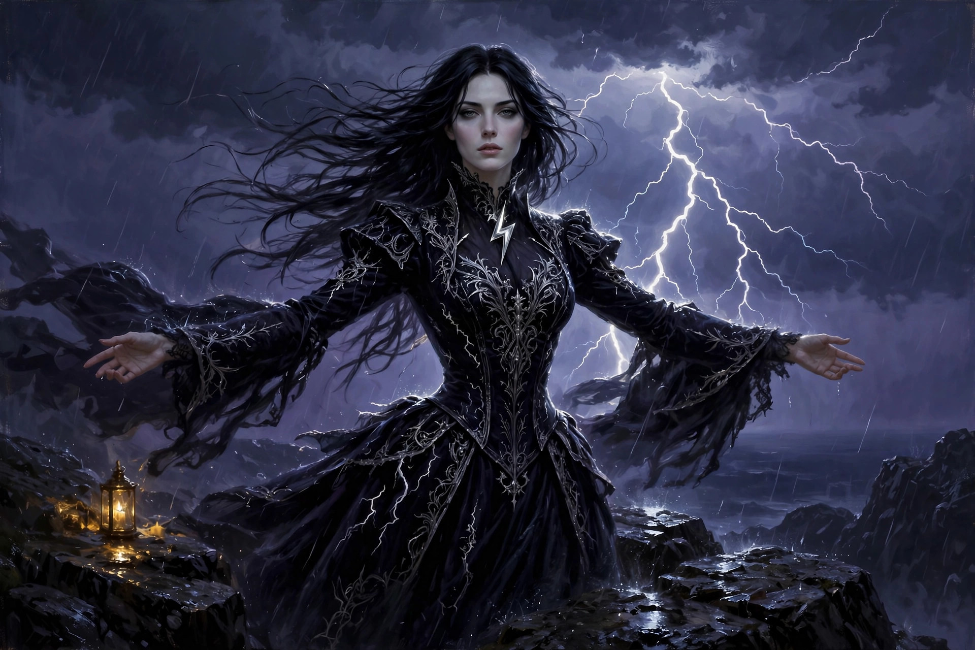 Morgana Voss, a gothic romantic woman with long raven-black hair in a dark silver-embroidered gown, standing on a clifftop as lightning splits a violet storm sky