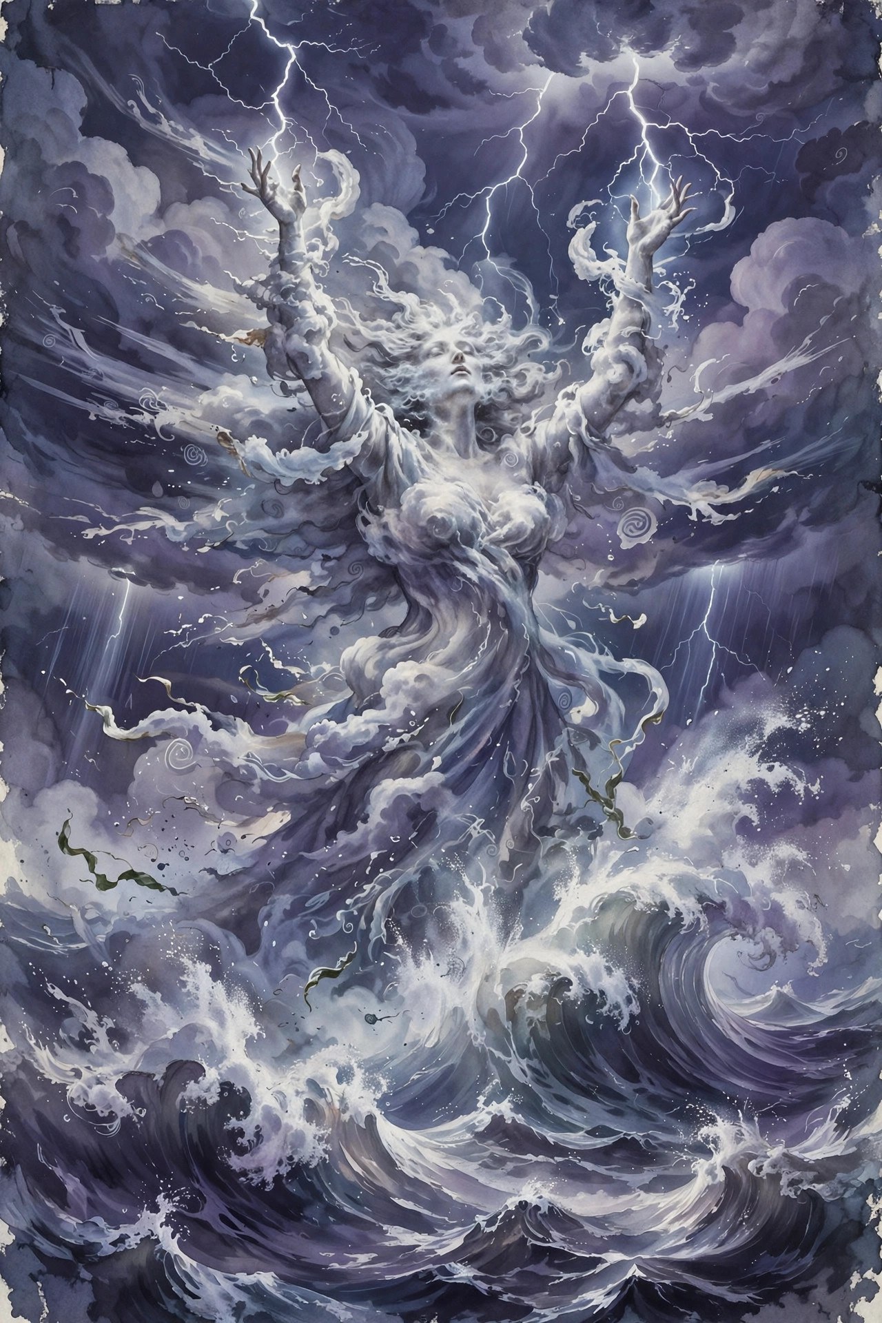 A spectral storm-witch figure woven from clouds and sea-spray above towering waves