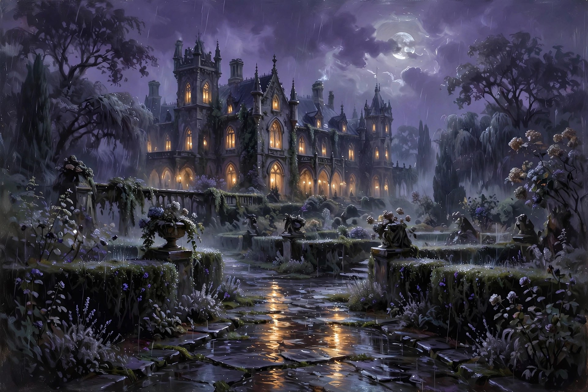 A gothic manor with glowing windows under a moonlit violet night sky, rain falling