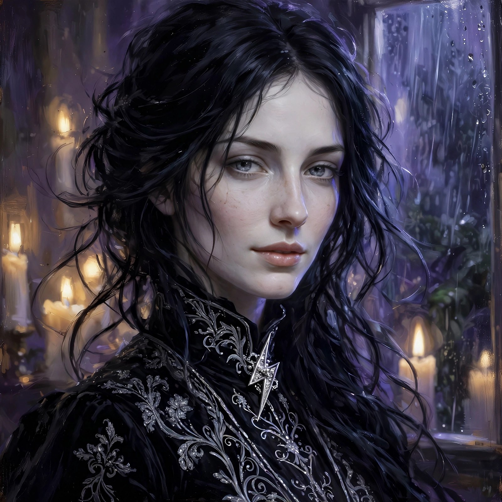 Close portrait of Morgana Voss: raven-black hair, storm-grey eyes, silver lightning-bolt brooch at her throat