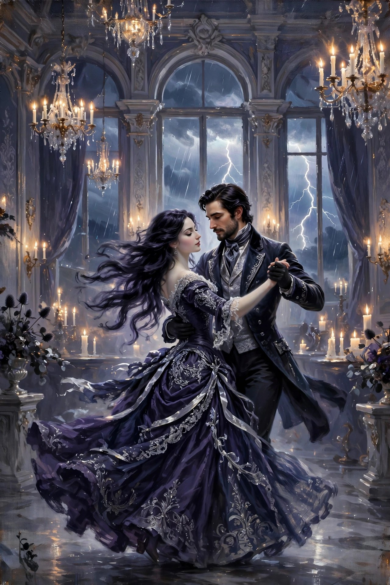 A couple dancing in a candlelit baroque ballroom while lightning flashes through tall windows