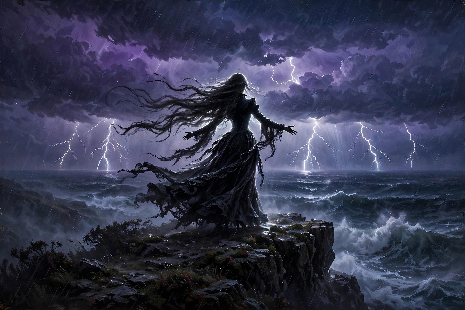 A lone woman's silhouette on a cliff edge with arms slightly spread as lightning strikes over a dark sea