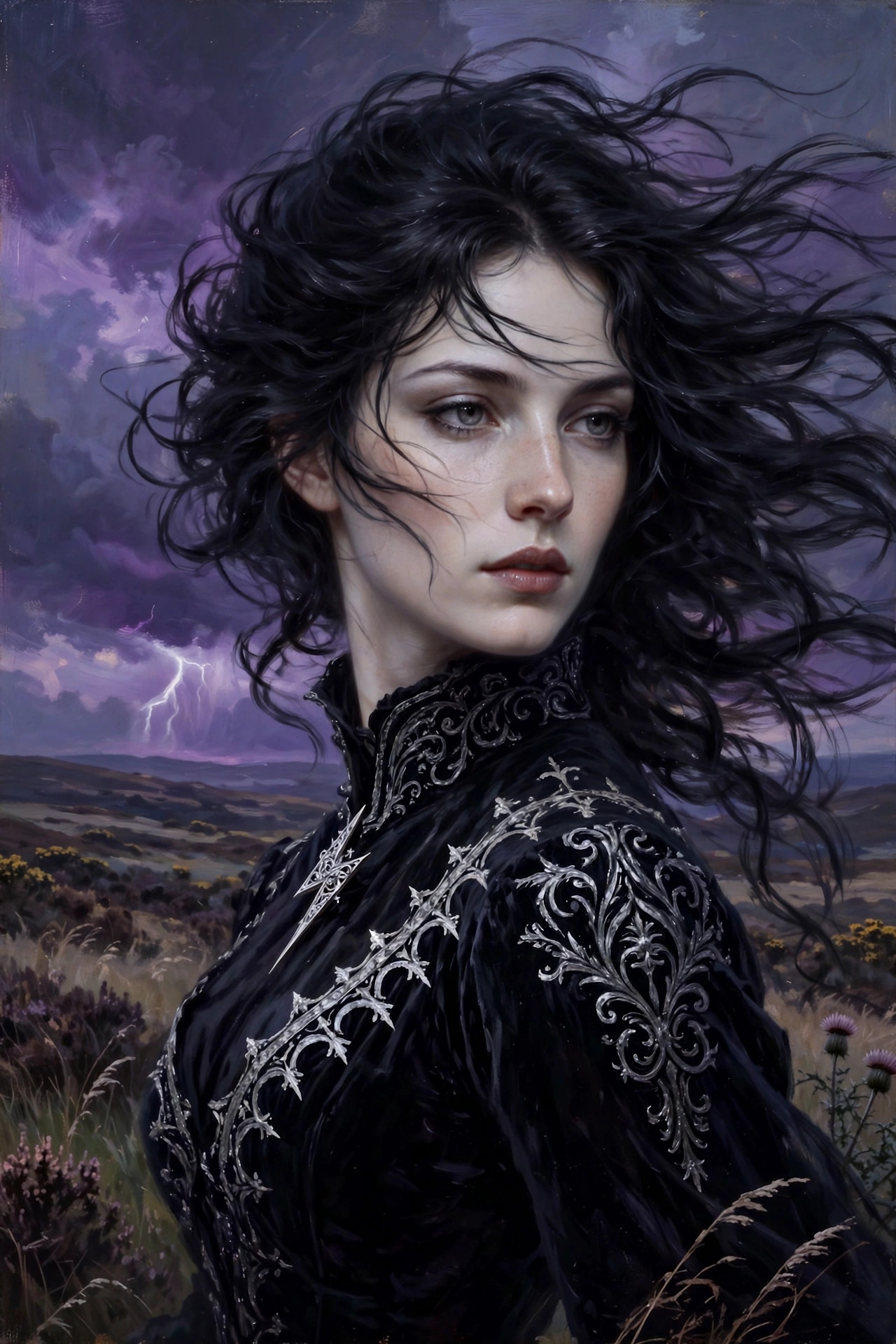 Morgana Voss turning toward the viewer in windblown hair and dark gown, city-free stormy moor behind her