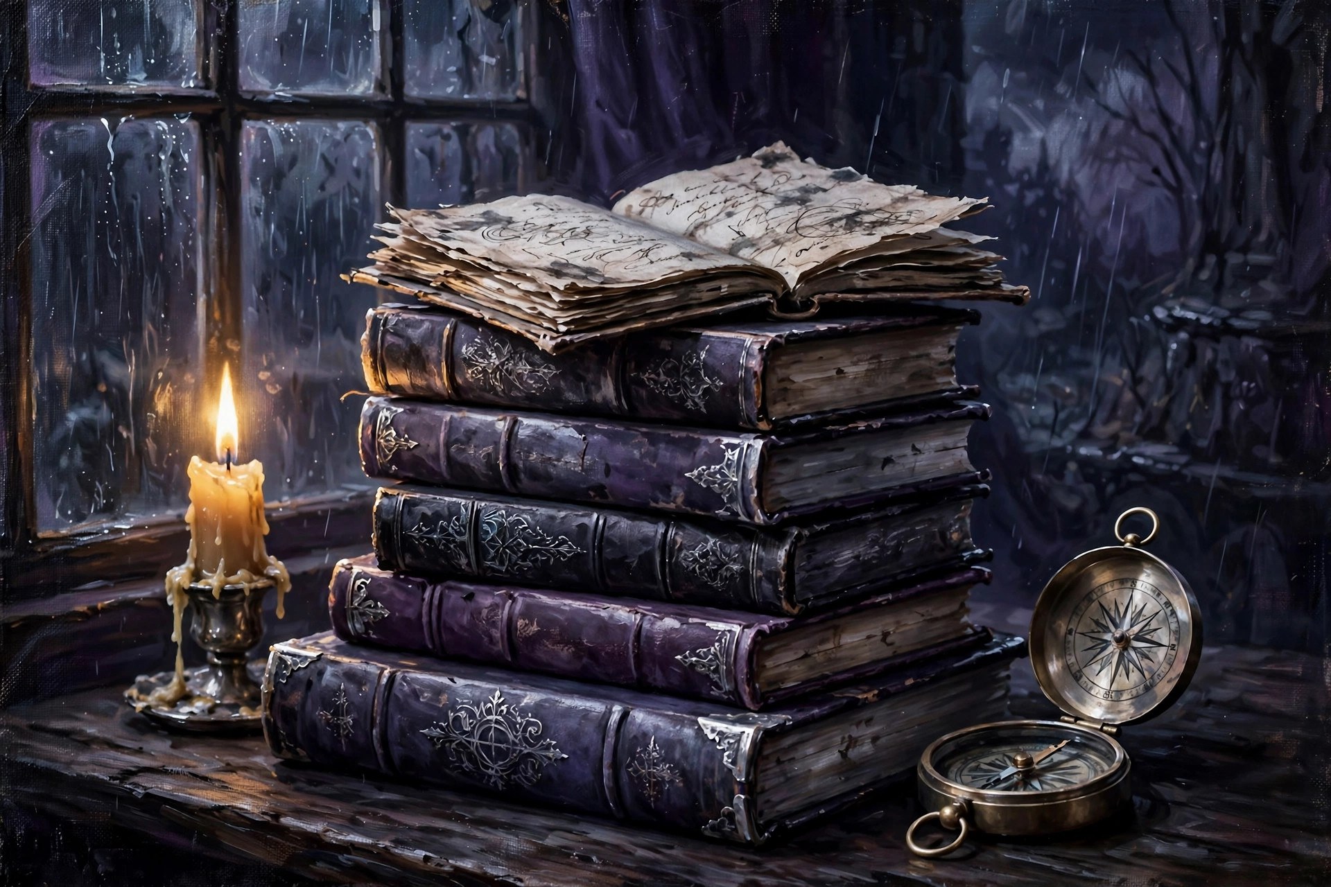 A stack of old books and grimoires with a storm journal on top, candlelit