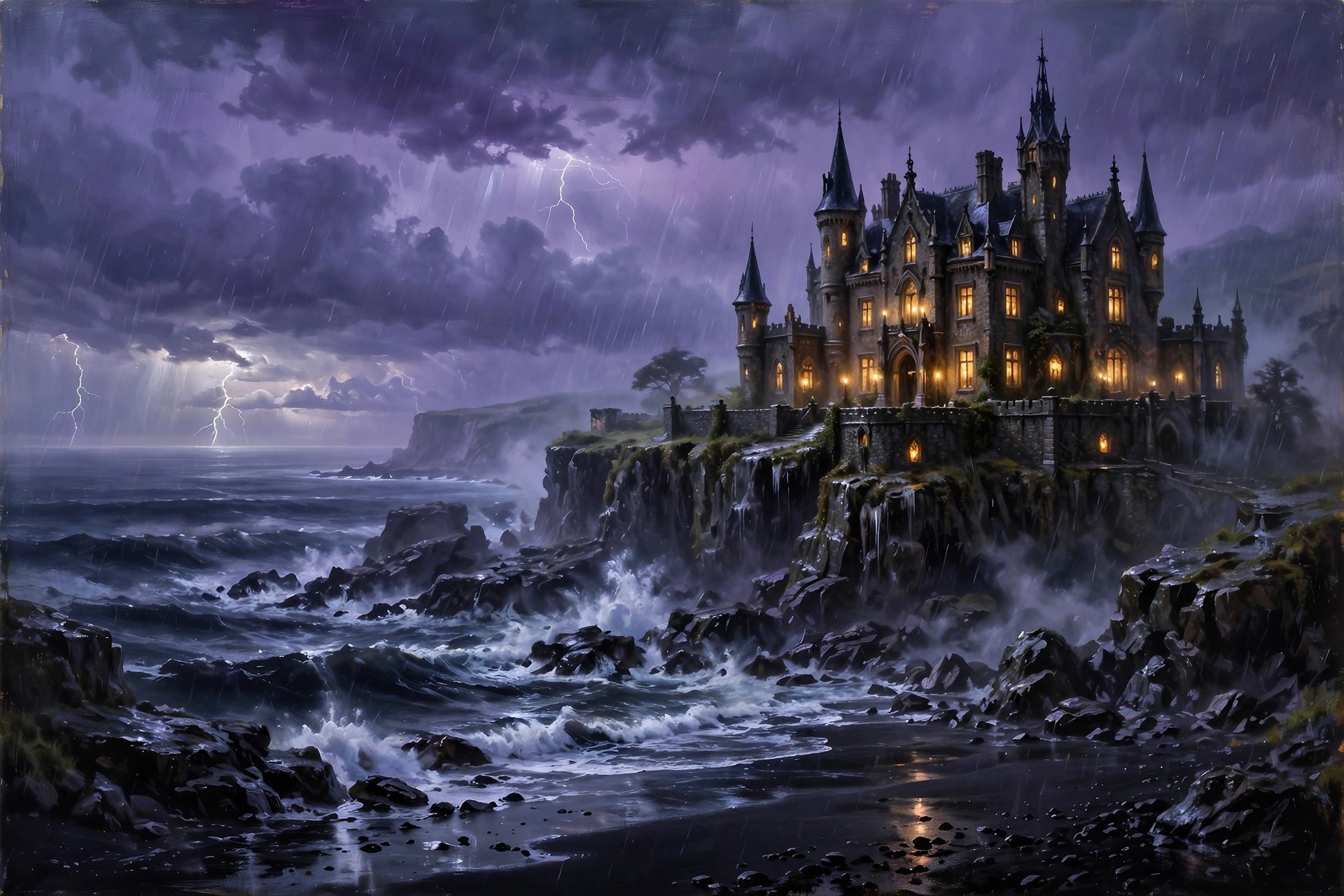 A cliffside gothic manor with lit windows above a black-sand shore, waves crashing under a violet thunderstorm sky