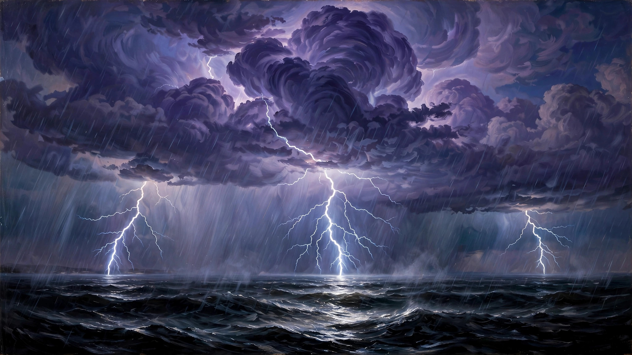 A dramatic lightning storm over a dark ocean, multiple bolts striking the water