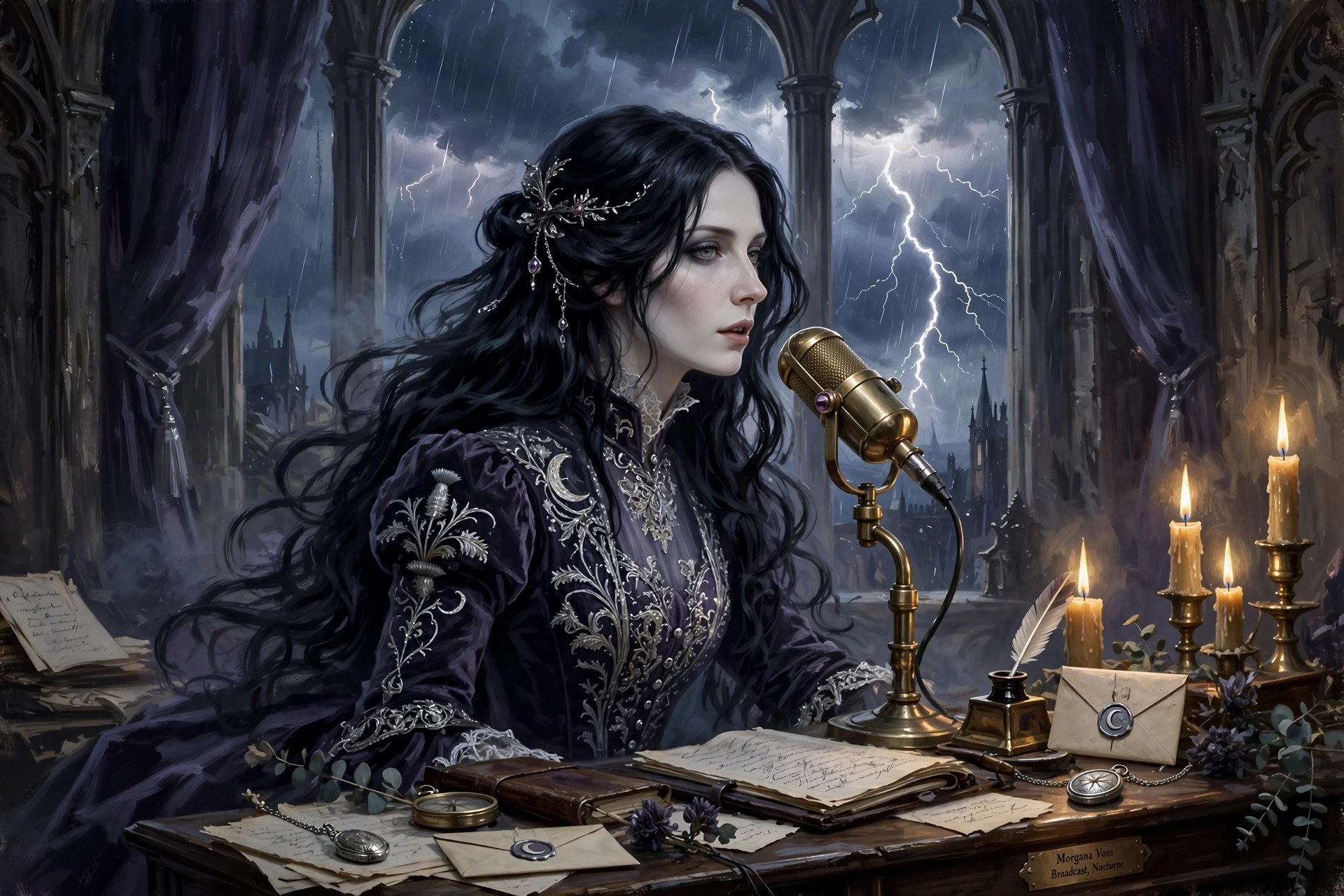 Morgana Voss seated at a candlelit desk with an old-fashioned broadcast microphone, storm visible through the window