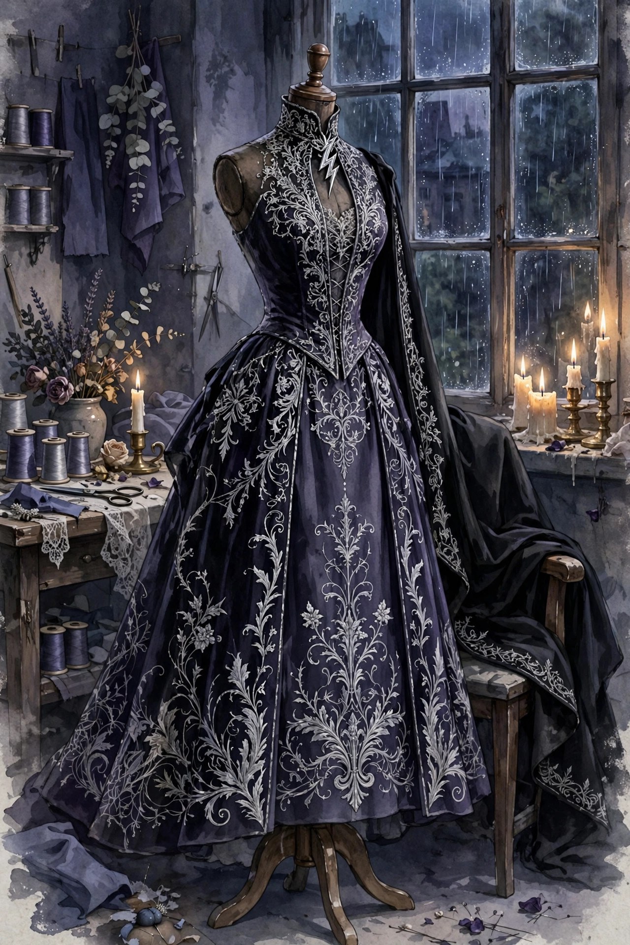 A gothic fashion tableau: dark Victorian gown with silver embroidery, lightning-bolt brooch, on a dress form