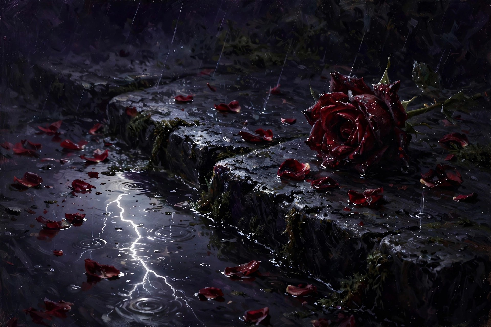 A dark red rose on wet stone with a lightning bolt reflected in a rain puddle