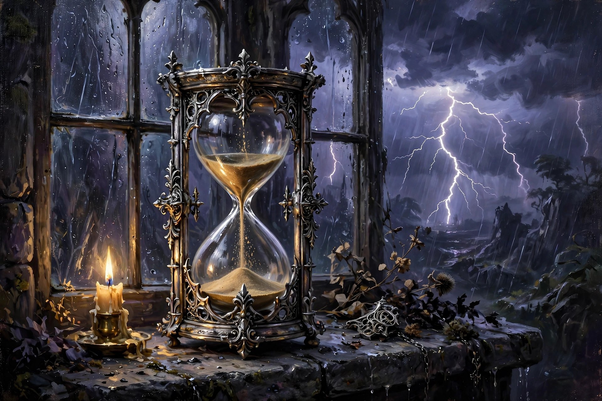 An hourglass on a windowsill with a thunderstorm raging beyond rain-streaked glass