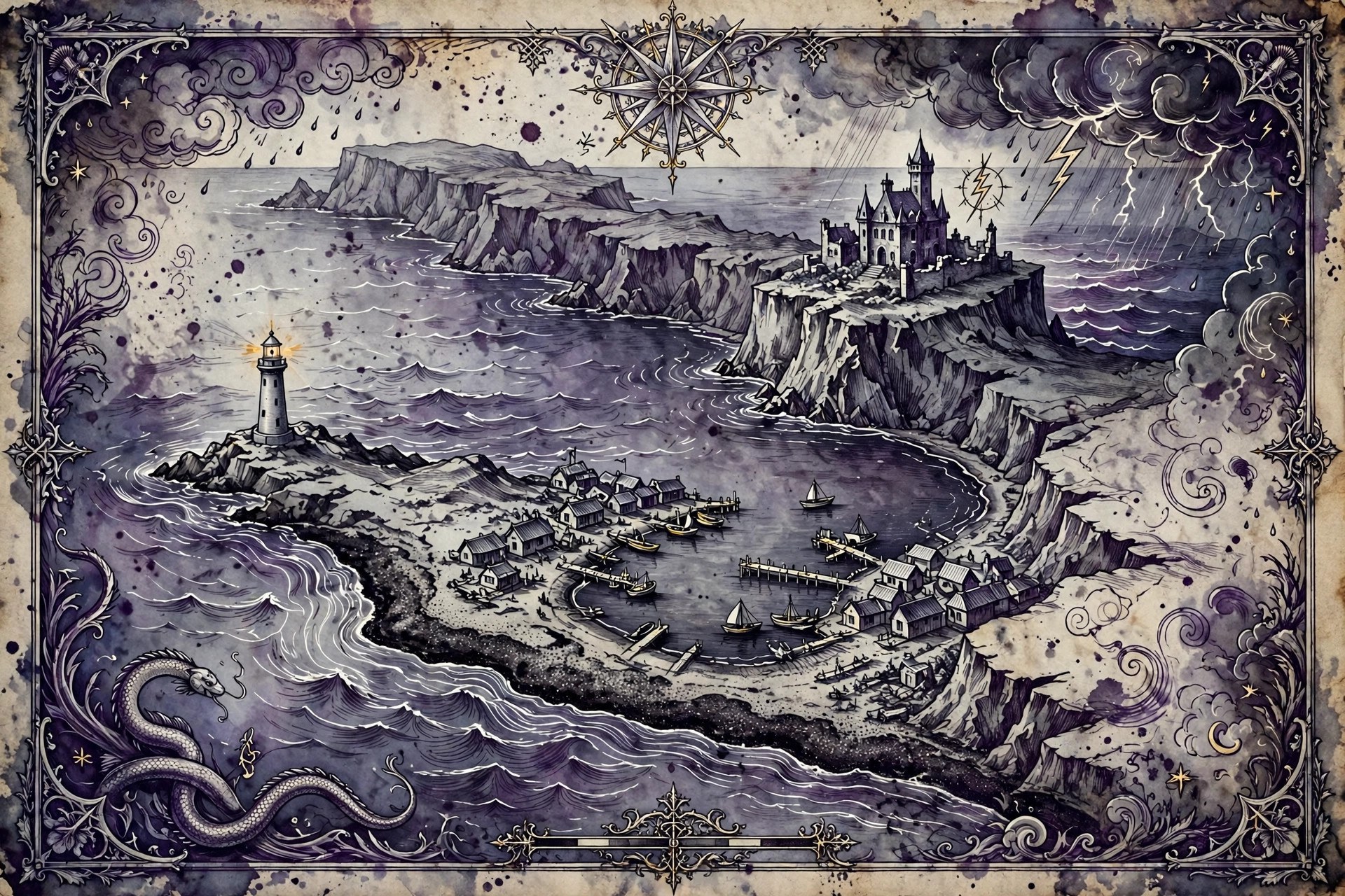 A fictional illustrated map of a stormy coastline with a cliffside manor, lighthouse, and fishing village