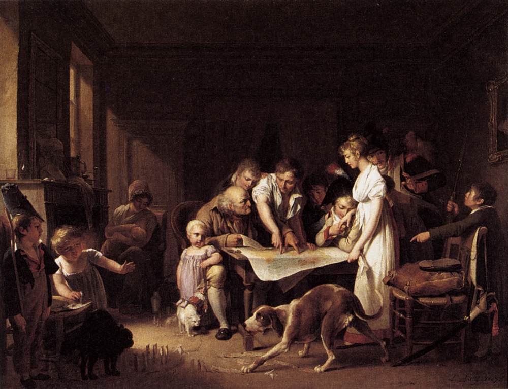Louis-Léopold Boilly's painting The Reading of the Bulletin of the Grande Armée, 1807: a family following a campaign on a map as the bulletin is read