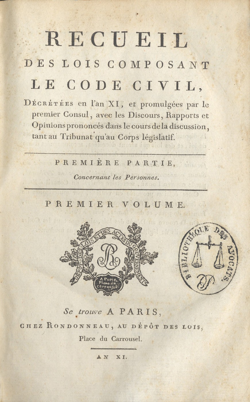 The first page of the Napoleonic Code, the Code civil des Français of 1804