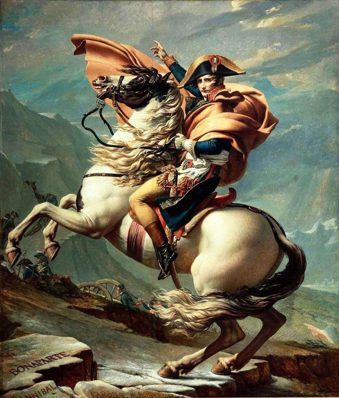 Jacques-Louis David's painting Bonaparte Crossing the Alps: Napoleon rearing on horseback, pointing uphill, names of past conquerors carved in the rocks