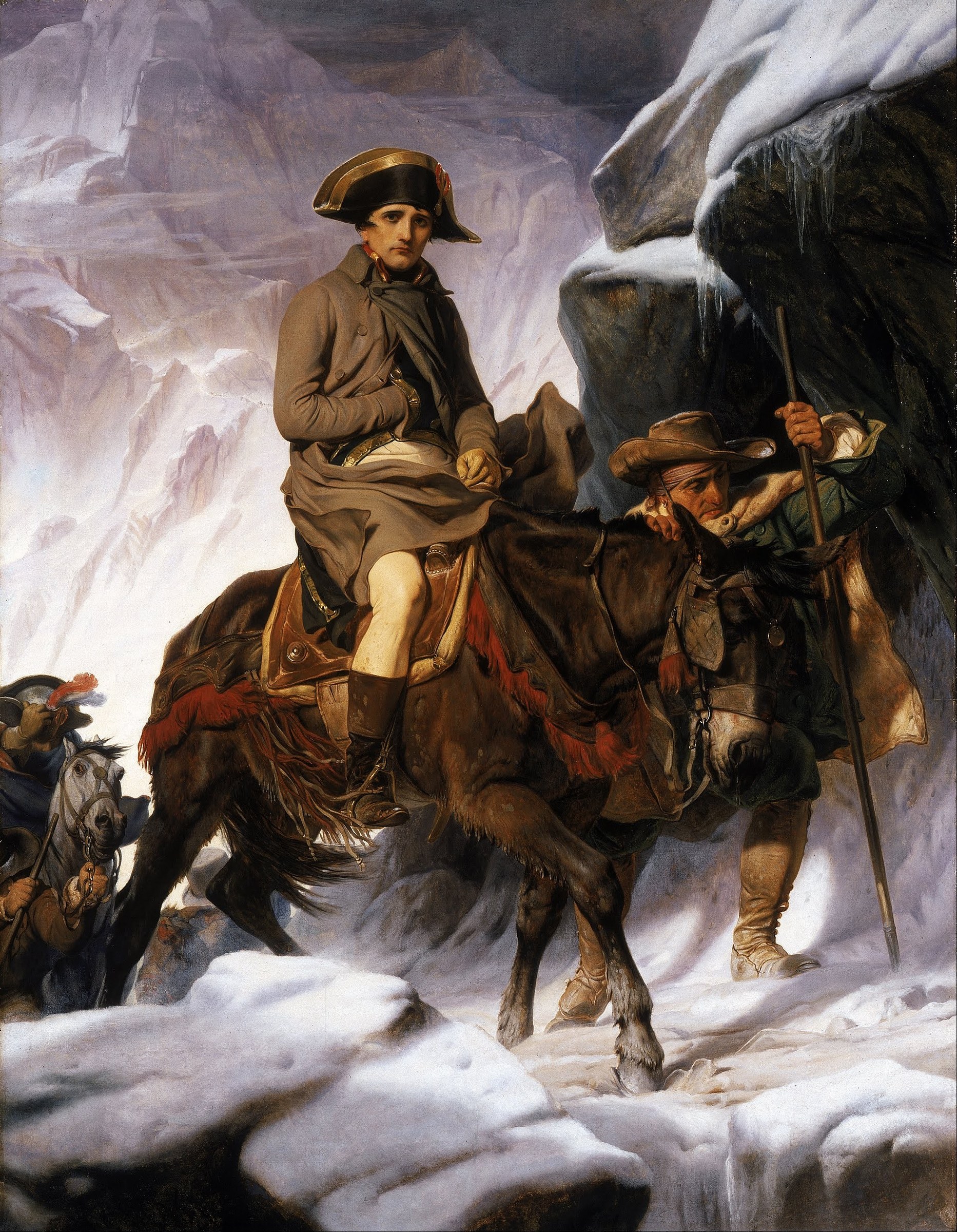 Paul Delaroche's painting Bonaparte Crossing the Alps: a weary Napoleon on a mule led by a guide through the snow