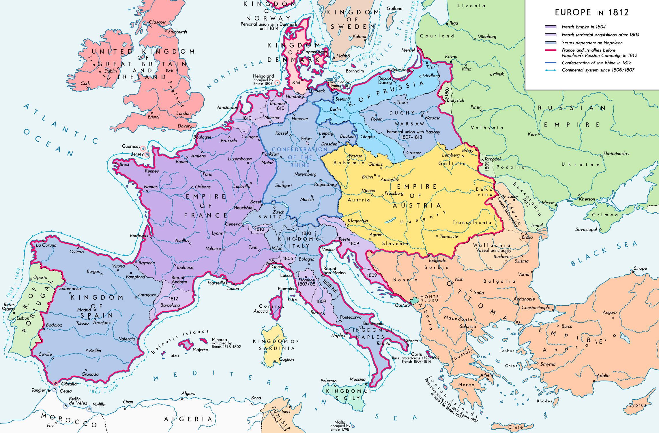Map of Europe in 1812 at the height of Napoleon's power, showing the French Empire, satellites, and allies