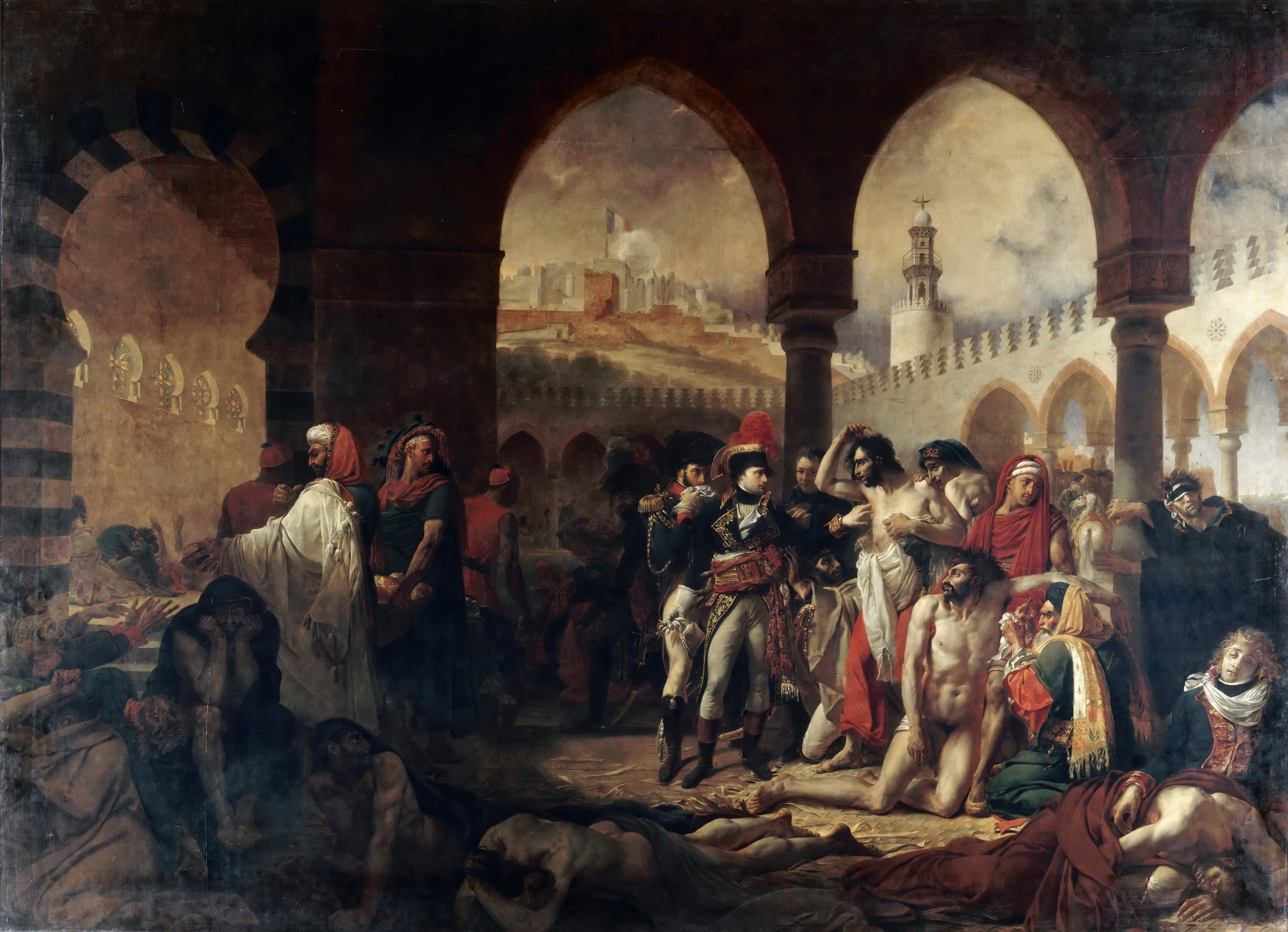 Antoine-Jean Gros's painting Bonaparte Visiting the Plague Victims of Jaffa: Napoleon touching a plague sufferer in a courtyard hospital in Syria, 1799