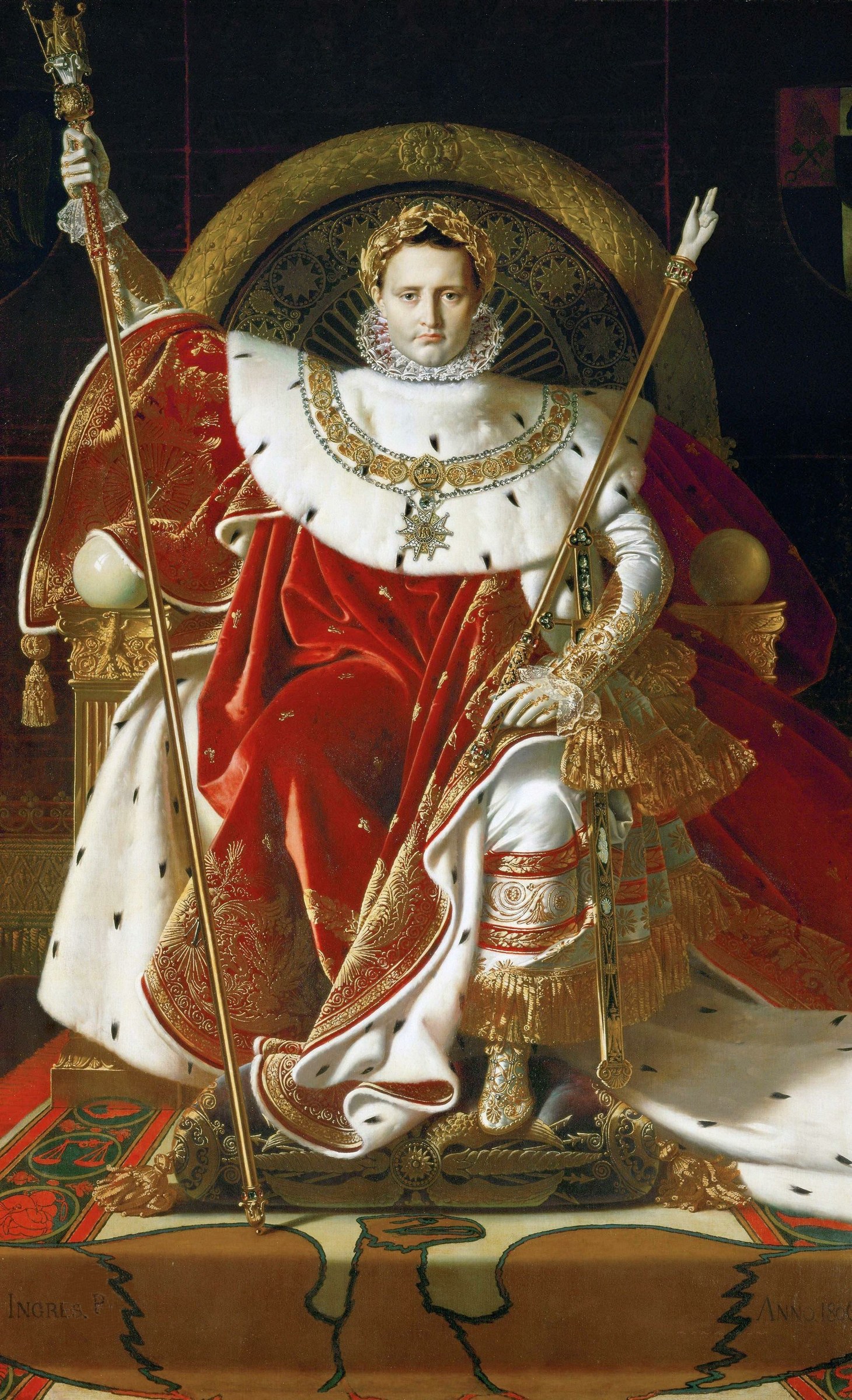 Jean-Auguste-Dominique Ingres's painting Napoleon on his Imperial Throne: the emperor enthroned in coronation robes, frontal and hieratic