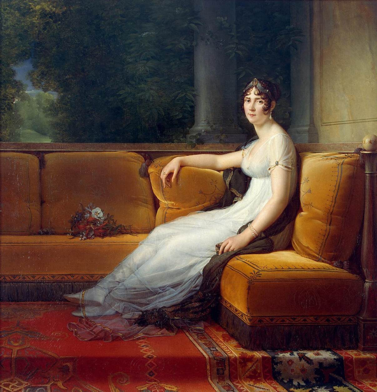François Gérard's portrait of Empress Joséphine: seated in a white empire-waist gown with a red shawl