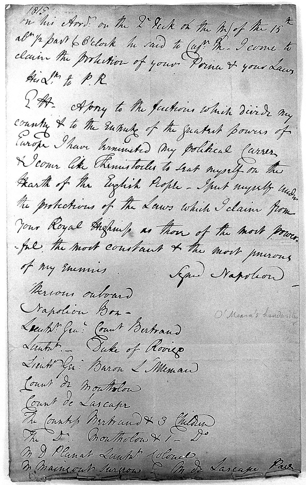 A letter from Napoleon to the Prince Regent, 1815: manuscript in French with his signature