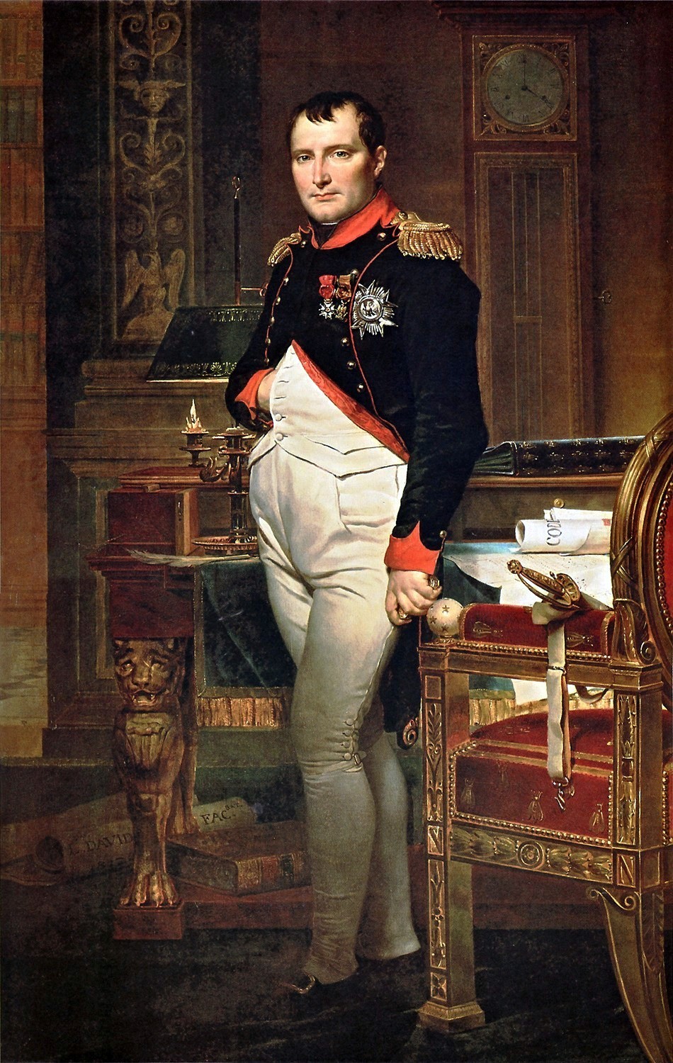 Jacques-Louis David's painting The Emperor Napoleon in His Study at the Tuileries: Napoleon in uniform standing at his desk at night, a candle burning