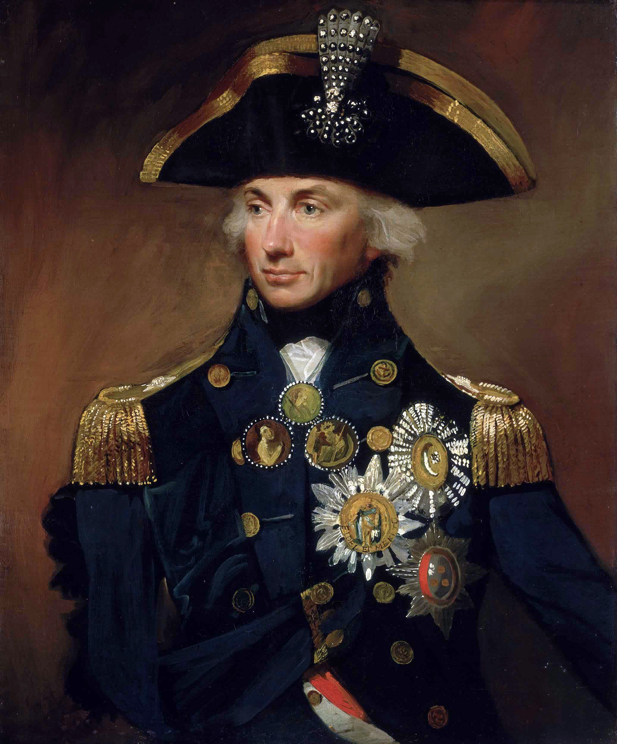 Lemuel Francis Abbott's portrait of Horatio Nelson: in naval uniform with the empty right sleeve pinned, against a seascape