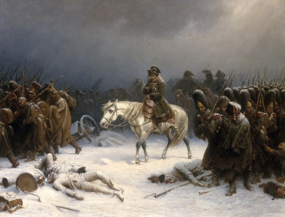 Adolph Northen's painting of Napoleon's retreat from Russia: exhausted French soldiers trudging through deep snow past a broken gun carriage
