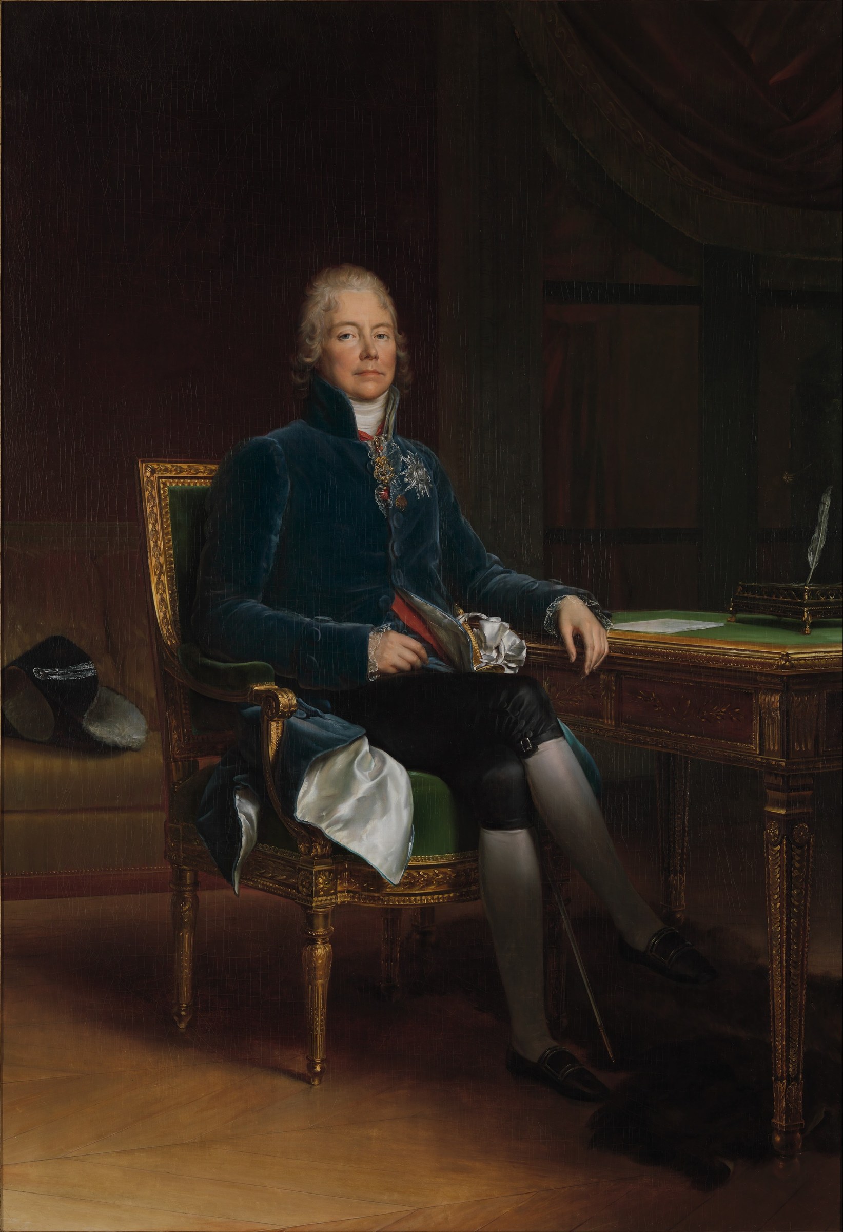 François Gérard's 1808 portrait of Talleyrand: seated in dark court dress, one hand on a document, cool and appraising