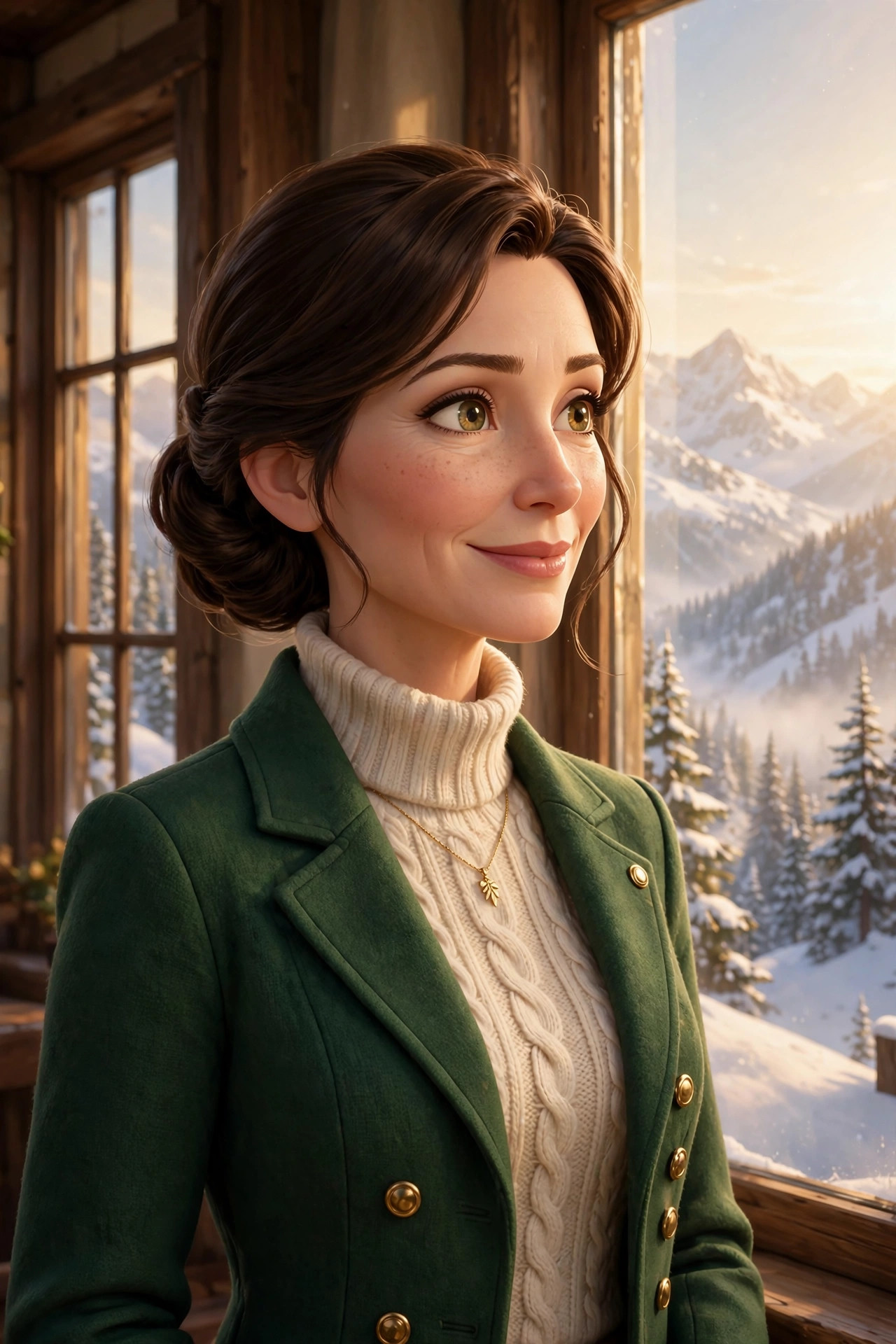AI-generated portrait of Natalie Beaumont, an elegant woman with dark chestnut hair in a chignon, beside a lodge window with snowy peaks behind