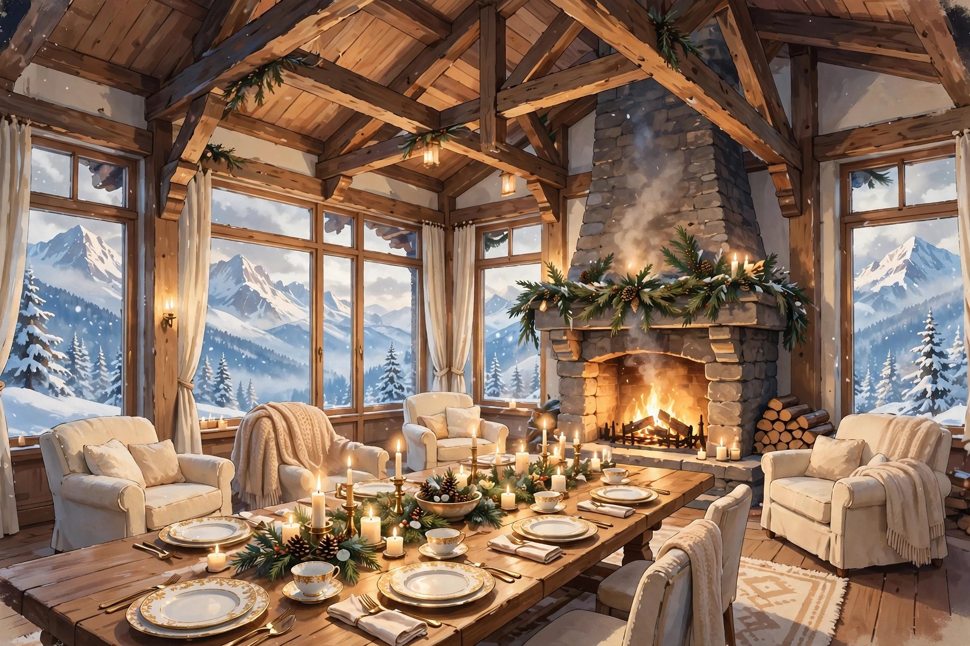 AI-generated view of the Villa Beaumont great hall: timber beams, stone fireplace, tall windows on snowy peaks
