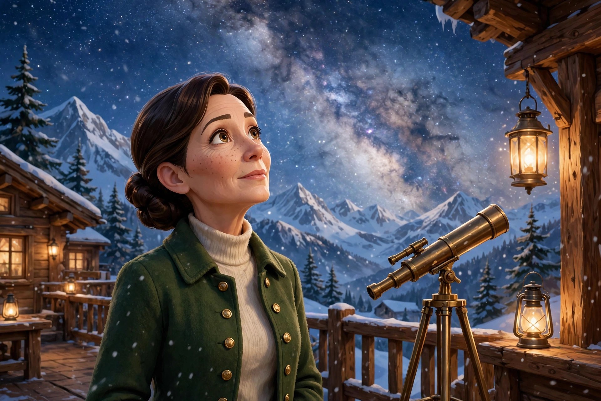 AI-generated scene of Natalie Beaumont with a telescope on the terrace under a starry sky