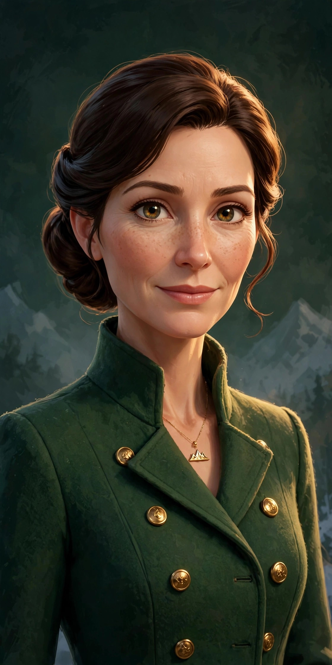 AI-generated formal portrait of Natalie Beaumont in forest-green wool with gold buttons