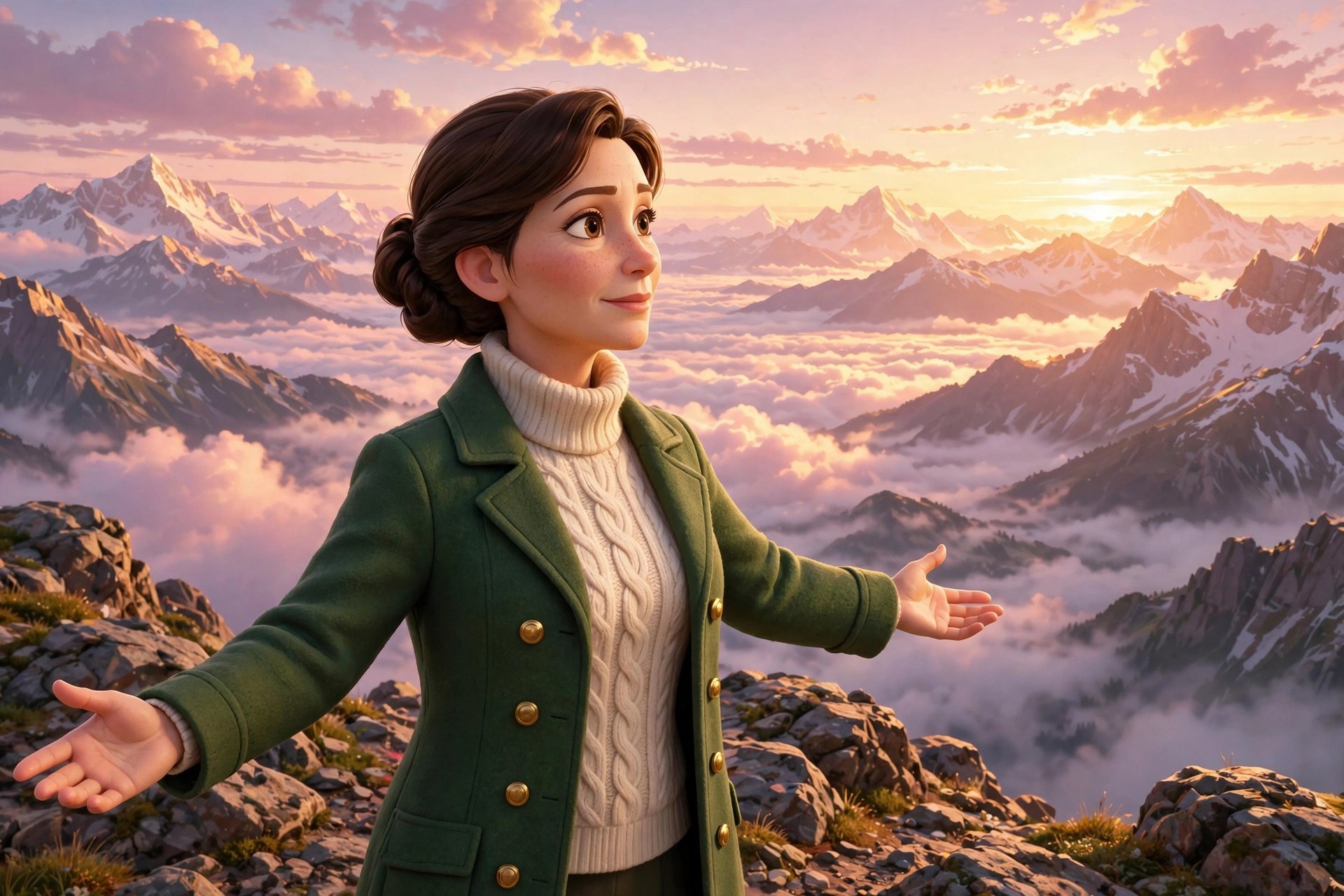 AI-generated scene of Natalie Beaumont at a summit overlook above a sea of clouds at sunrise