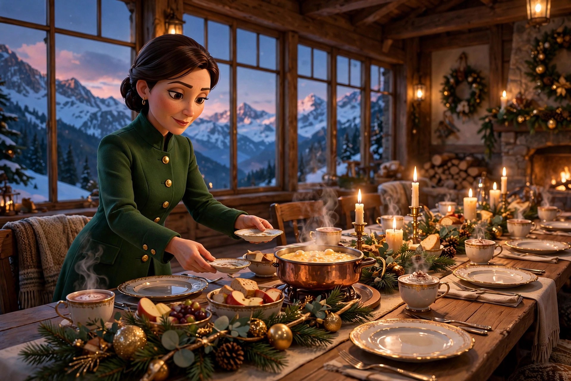 AI-generated candlelit alpine dining scene with fondue and gold-trimmed porcelain