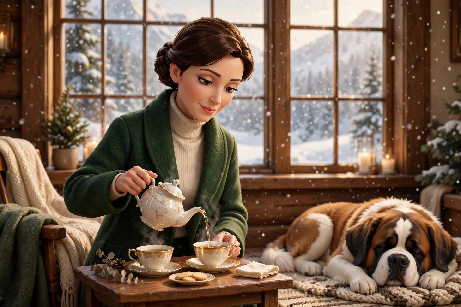 AI-generated scene of Natalie Beaumont pouring tea at four o'clock in the lodge