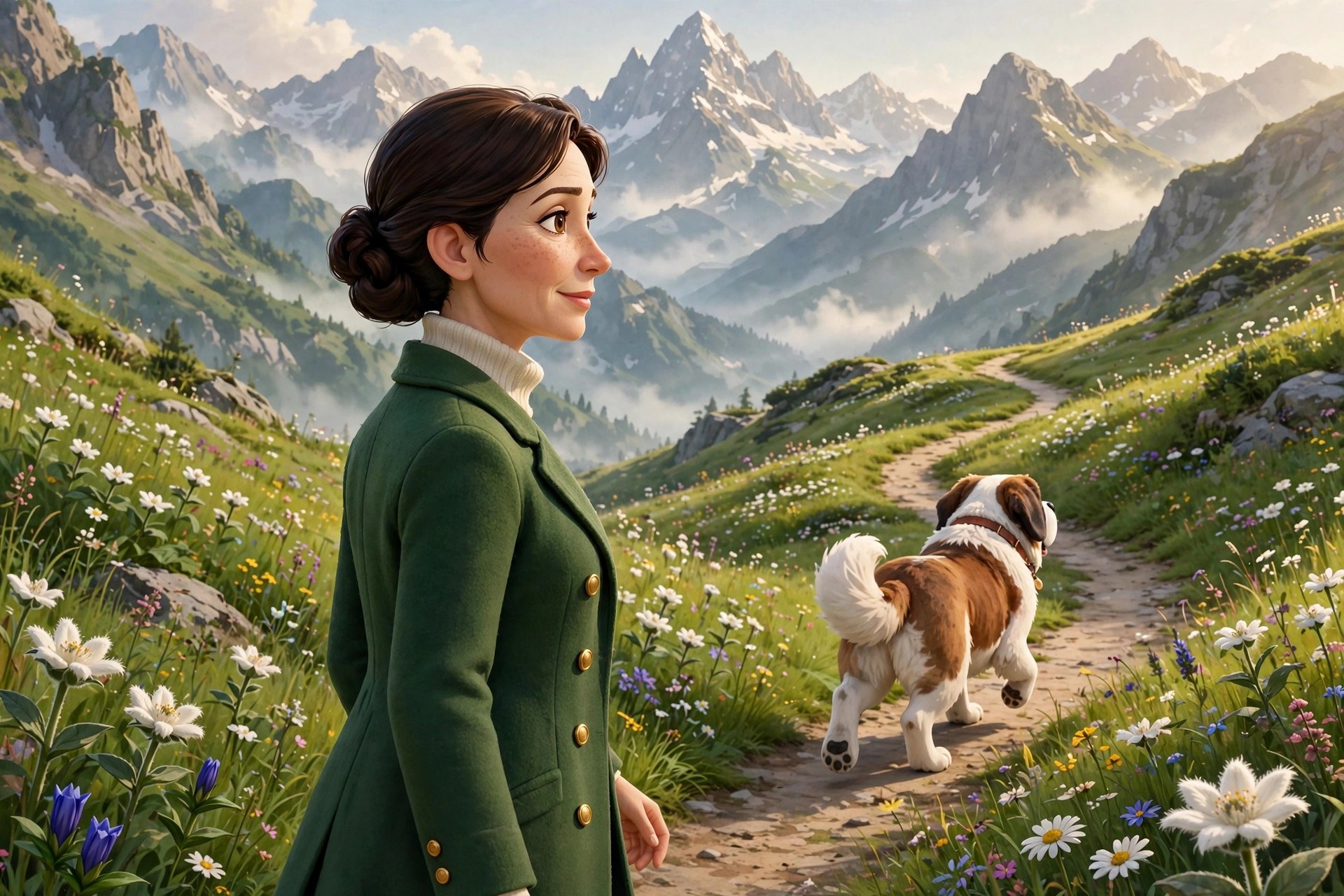AI-generated scene of Natalie Beaumont walking a mountain trail