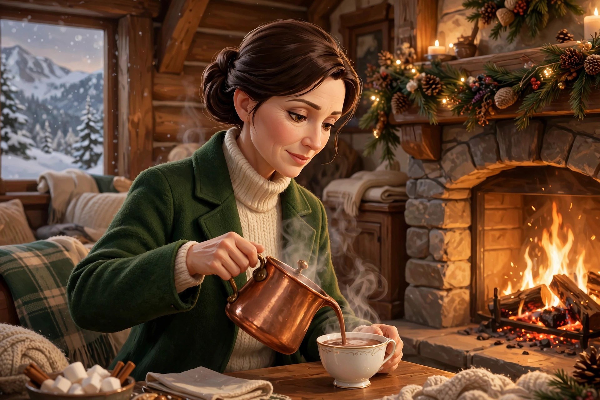 AI-generated scene of Natalie Beaumont pouring hot chocolate by the fireplace