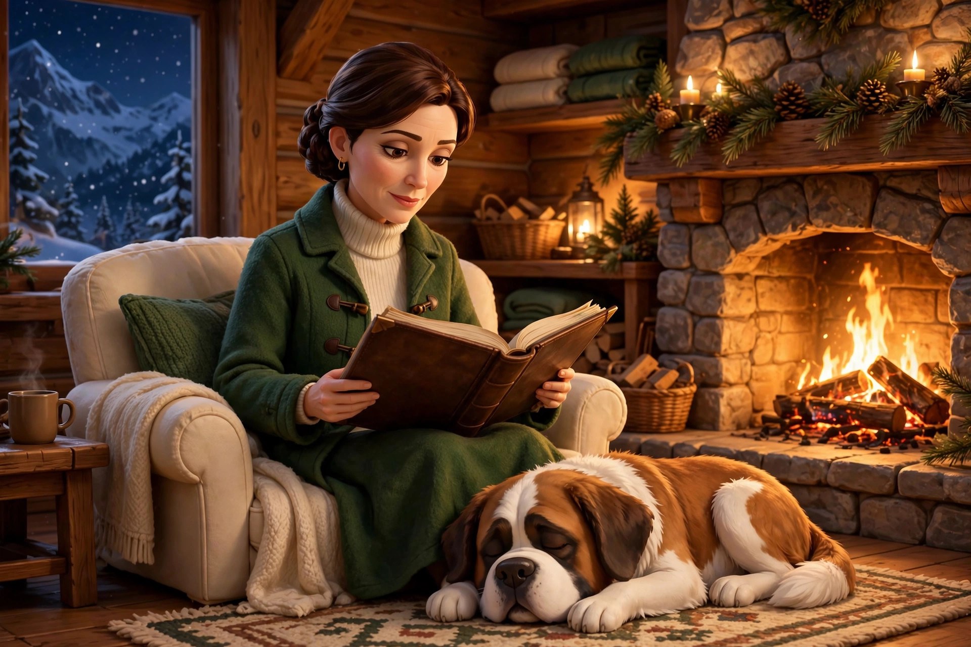 Natalie Beaumont reading the guest book by the fireplace with the St. Bernard Pippa