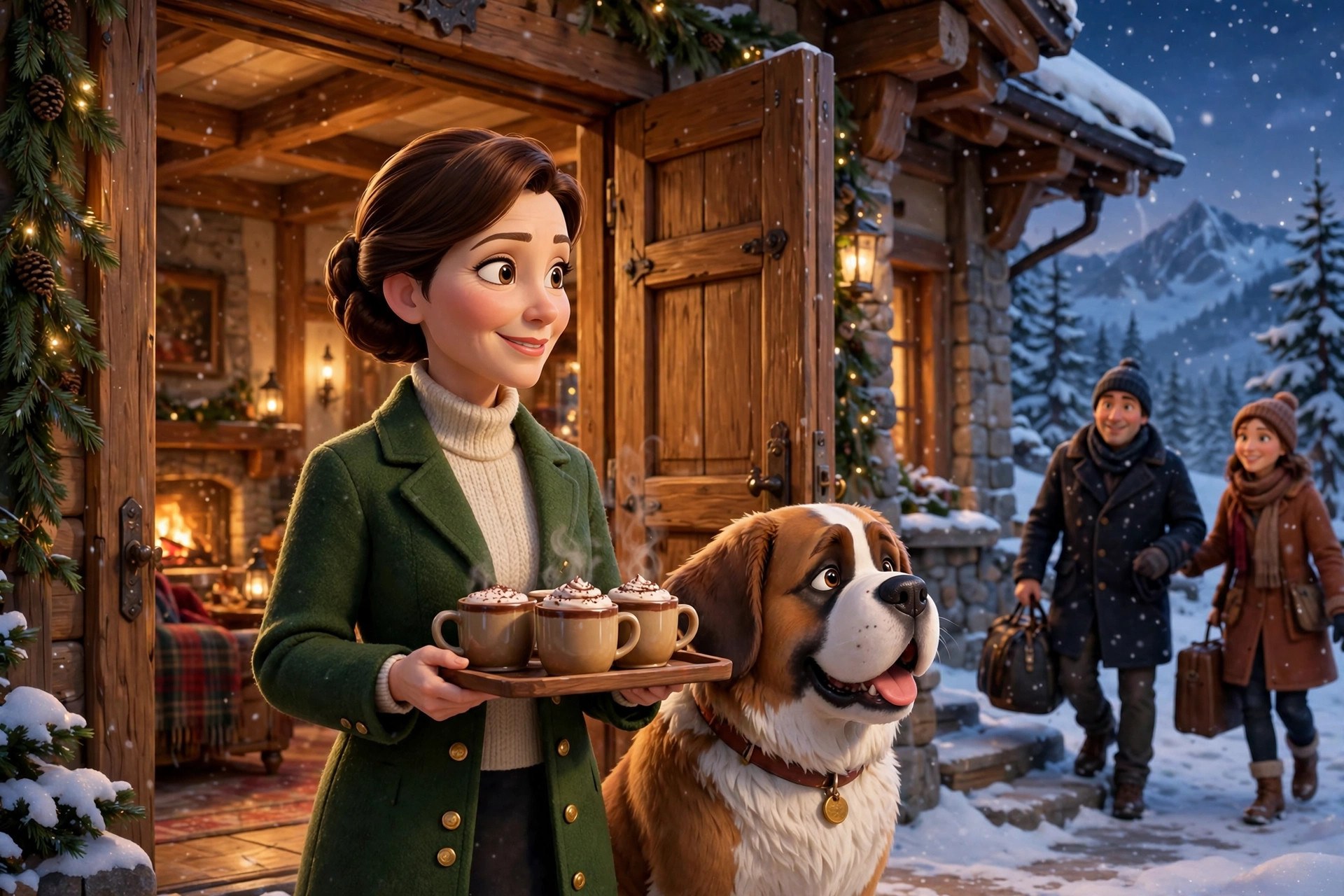 AI-generated scene of Natalie Beaumont greeting arriving guests at the lodge door