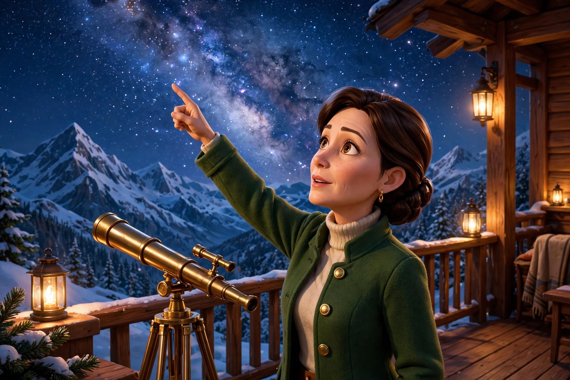 Natalie Beaumont with a telescope on the lodge terrace under a starry sky