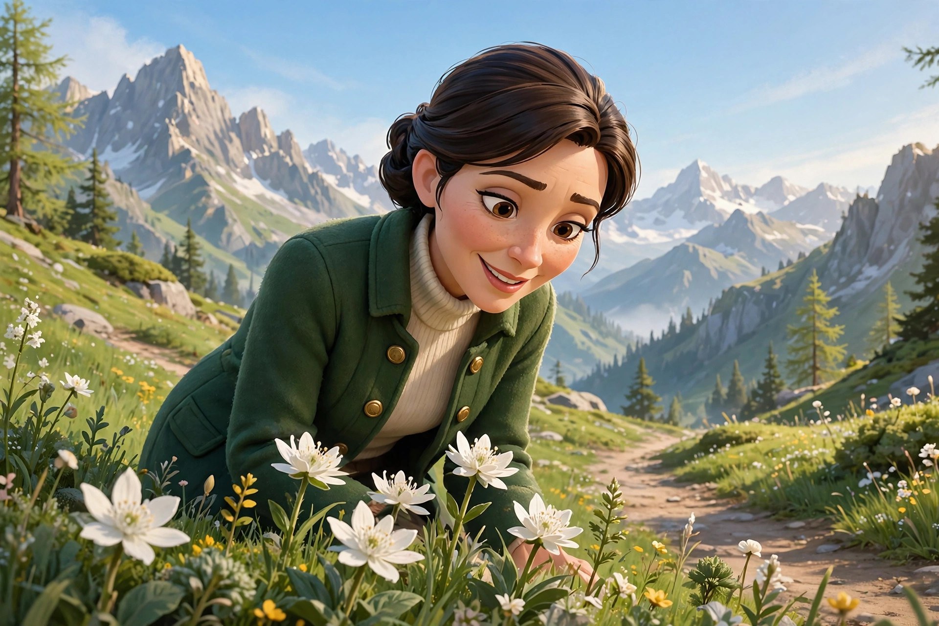 Natalie Beaumont walking a mountain trail past edelweiss in summer